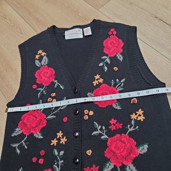 Vintage Ashley Hand Embroidered Floral Cardigan Sweater Vest Womens Size L Black - Picture 10 of 11